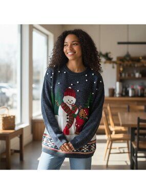Ugly Christmas Sweater Womens Small Carly St. Claire Snowman & Reindeer Ramie/Co